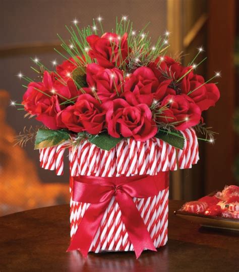 Red Roses Bouquet In Red And White Candy Cane Vase Christmas