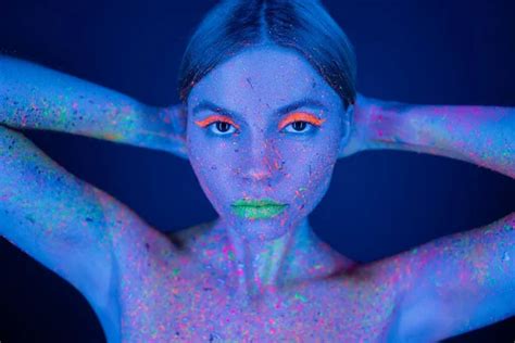 Naked Woman Neon Makeup Bright Paint Splashes Covering Bust Hands Stock Photo AllaSerebrina