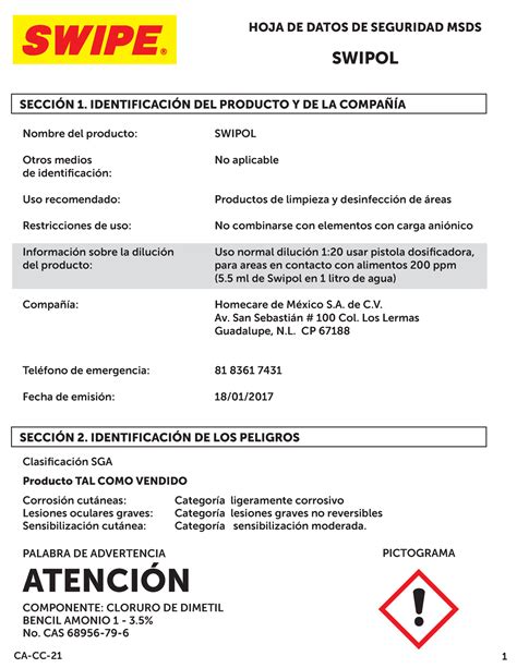 Swipol Hoja De Seguridad Msds Componente Cloruro De Dimetil Bencil