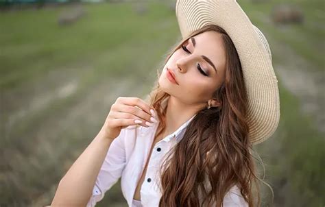 Wallpaper Girl Field Nature Beautiful Model Brunette Makeup White Hat For Mobile And
