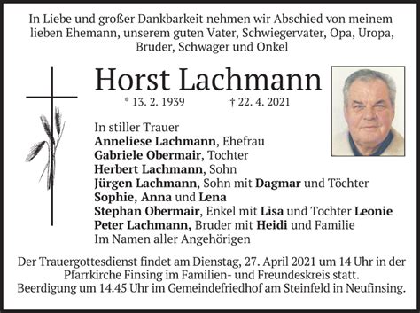 Traueranzeigen Von Horst Lachmann Trauer Merkur De