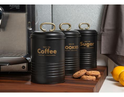 Jogo 3 Latas Porta Café Açúcar Biscoito Industrial Preto Yoi