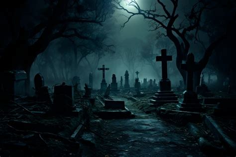 Vista Del Cementerio Aterrador Por La Noche Con Luz De Luna Foto Gratis