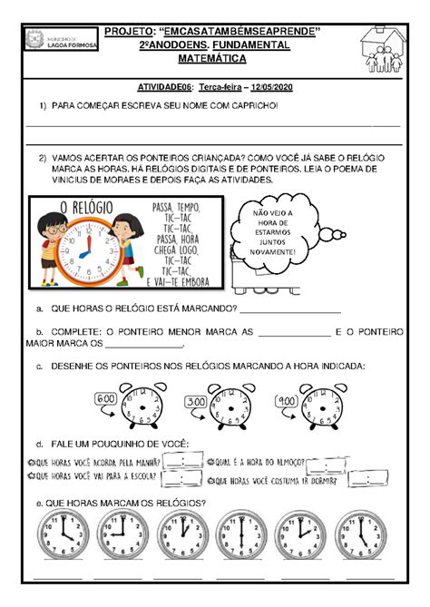 Atividade Sobre O Relogio - Atividades Adaptadas de Matemática: Relógio - 2º ANO ENS. FUNDAMENTAL ...