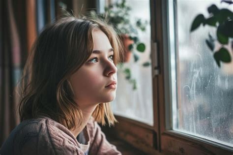 Una Ni A Mirando Por La Ventana La Lluvia Foto Premium