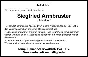 Traueranzeigen Von Siegfried Armbruster Schwarzw Lder Bote Trauer