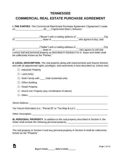 Free Tennessee Residential Purchase Agreement Template Pdf Word