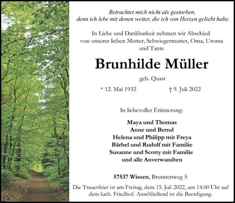 Traueranzeigen Von Brunhilde M Ller Rz Trauer De