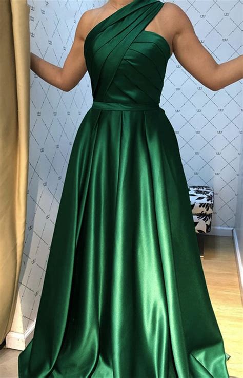 One Shoulder A Line Satin Emerald Green Formal Evening Dress Prom Part