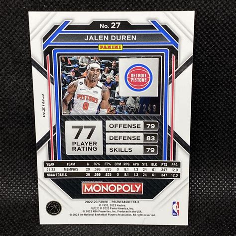 Panini Prizm Monopoly Jalen Duren Rc Detroit Pistons