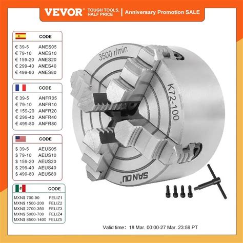 VEVOR Mandrin Manuel 4 Mors 125mm K72 100 K72 125 R Versible Ind