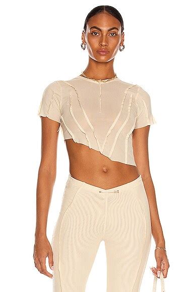 SAMI MIRO VINTAGE Asymmetric Mesh Tee In Nude FWRD