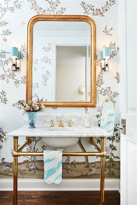 Gold Beaded French Mirror With Marble And Brass Sink Vanity