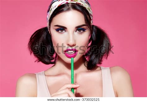 Стоковая фотография Beautiful Sexy Brunette Slinky Swimsuit Makeup Shutterstock