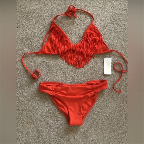 L Space Swim New L Space Lspace Fringe Audrey Bikini Swimsuit Red Orange Paprika Medium