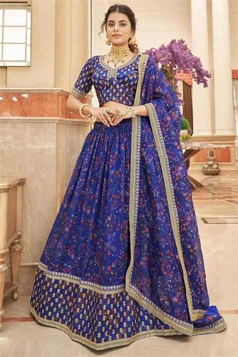 Buy Navy Blue Organza Silk Embroidered Designer Lehenga Set Online