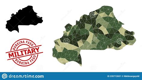 Low Poly Mosaic Map Of Burkina Faso And Distress Military Seal Stock