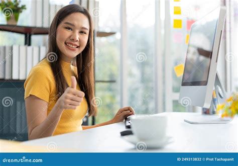 Portrait Happy Young Programmer Asian Woman Work At Start Up Technology