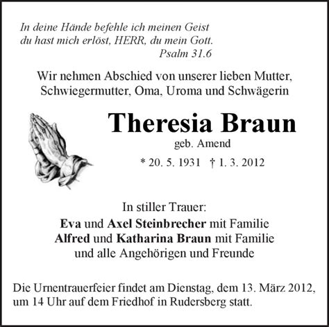 Traueranzeigen Von Theresia Braun ZVW Trauer