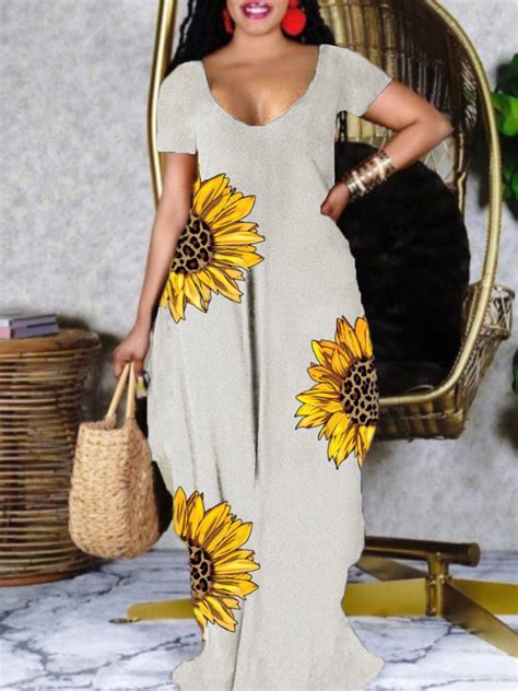 LW Sunflower Casual U Neck Floral Print Light Grey Floor Length Dress