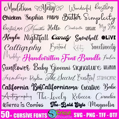 50 Handwritten Font Bundle Cursive Font Svg Fonts For Cricut Canva