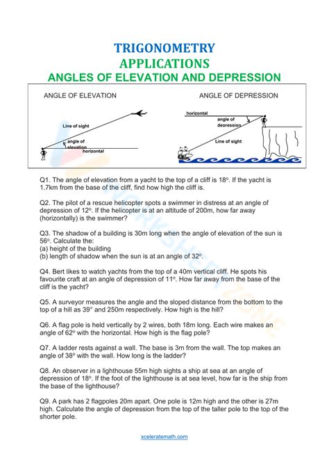 Trigonometry Angles Of Elevation Depression Worksheet Worksheet