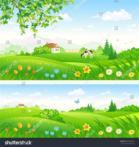 Vector Cartoon Illustration Beautiful Countryside Landscapes Stock ...