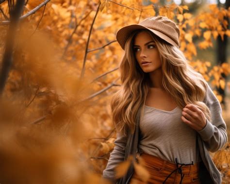 Une Belle Femme Blonde Dans Une Jupe Orange Et Un Chapeau Dans Une For T D Automne Vecteur Premium