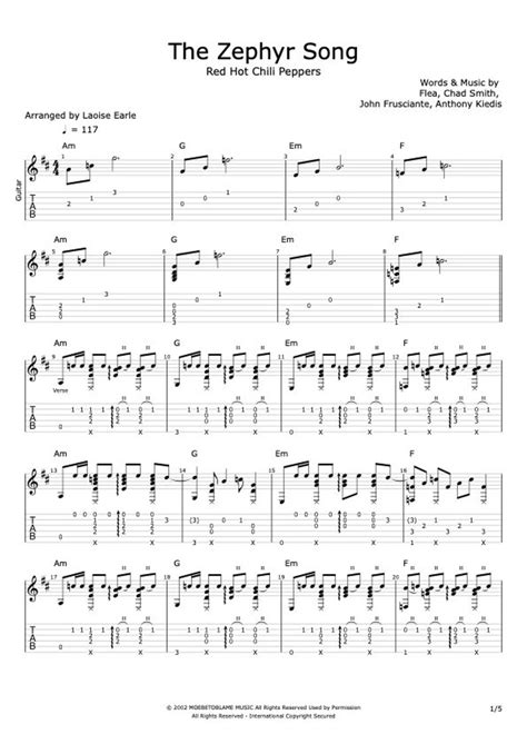Red Hot Chili Peppers The Zephyr Song Fingerstyle Guitar Tab Printable Guitar Tablature Sheet