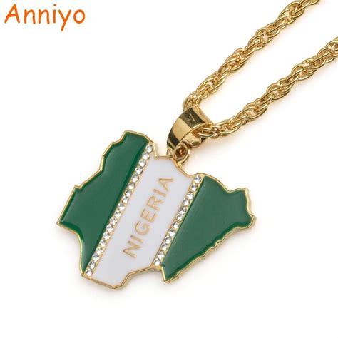 Anniyo Nigeria Map Flag W Rhinestone Pendant Necklaces For Women Men