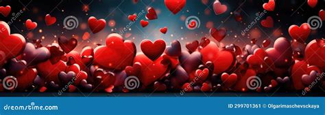 Festive Banner For Valentines Day Red Hearts On Dark Background Stock