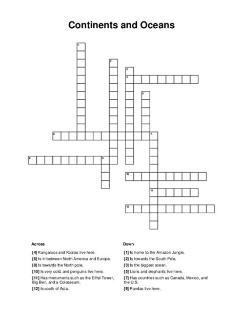 Continents And Oceans Crossword Puzzle Worksheet Activity By Crossword