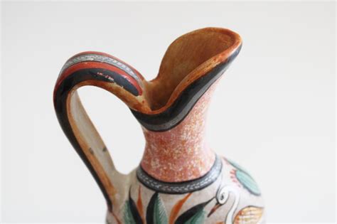 Vintage Mexican Pottery Pitcher W Hand Painted Bird Cactus