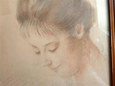 Dessin Ancien Aquarelle Sanguine Fusain Crayon Portrait De Jeune Fille