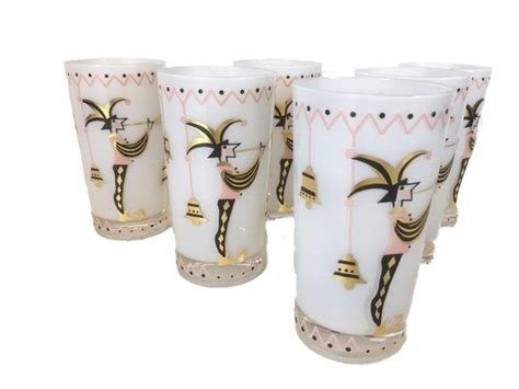 Vintage Gay Fad Cocktail Glasses Jester With Trumpet And Bells On White Ground At Stdibs Gay