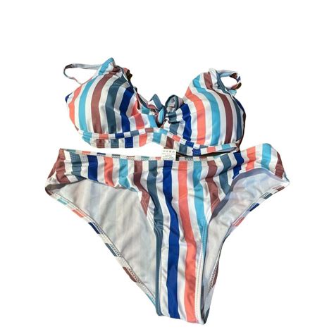 Super Cute Bikini Blue Orange White Striped Padded Depop