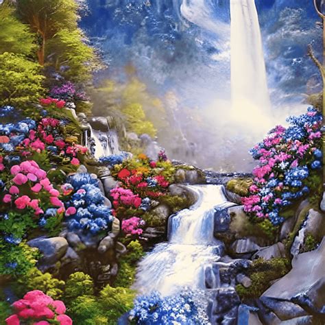 Beautiful Blue Roses at a Gorgeous Waterfall · Creative Fabrica