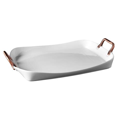 Denmark 19.5" Rectangular White Porcelain Serving Tray with Copper ...