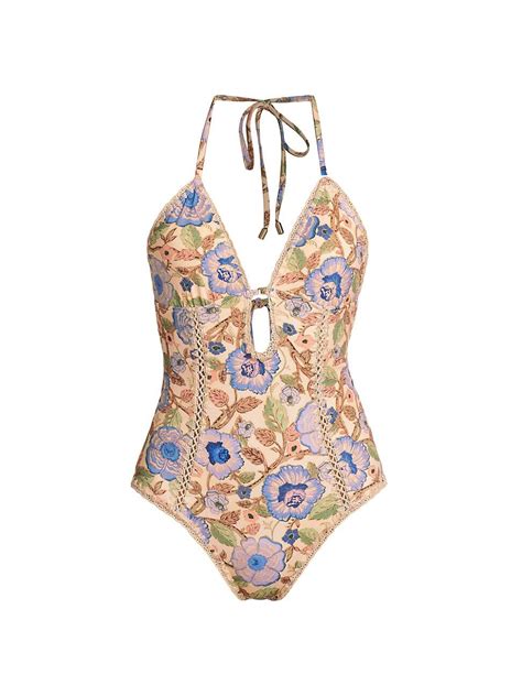 Zimmermann Junie Floral Crochet Edge One Piece Swimsuit Ivory Blue