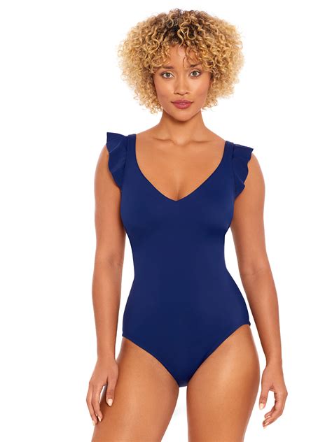 Time And Tru Womens And Plus Solid Ruffle Strap One Piece Swimsuit