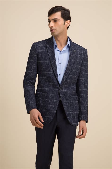 Buy Philocaly Blue Wool Checkered Blazer Online Aza Fashions