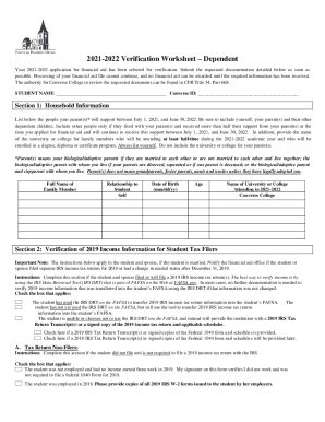 Fillable Online Verification Worksheet Dependent Fax Email