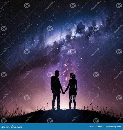 Silhouette Of Young Couple Under Stars Standing In Meadow By Night