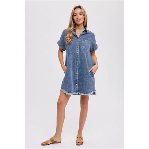 Thecabana Ca Bluivy Frayed Hem Denim Shirt Dress Washed Denim