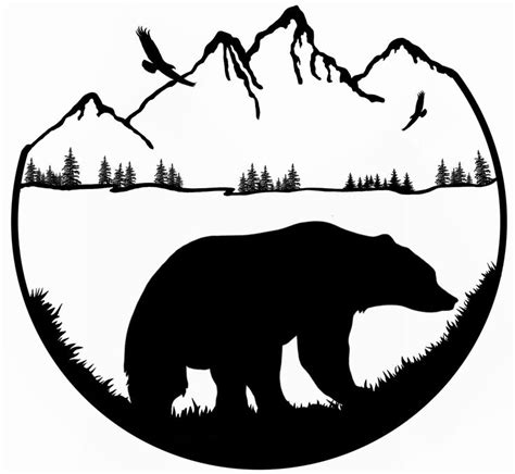 A Black And White Silhouette Of A Bear With Mountains In The Background