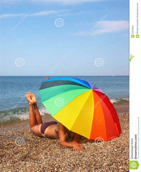 Rainbow Beach Umbrella And Woman Body Stock Image Image Of Coast