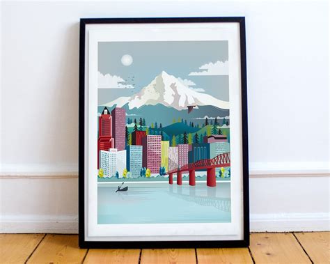 Portland Print Oregon Wall Art Portland Skyline Mount Hood