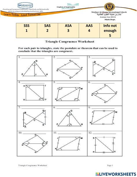 Triangle Congruence Interactive Worksheet Live Worksheets