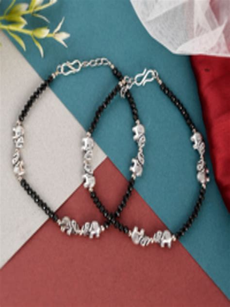 Buy Silvermerc Designs Silver Plated Black Stone Beaded Designed Anklet