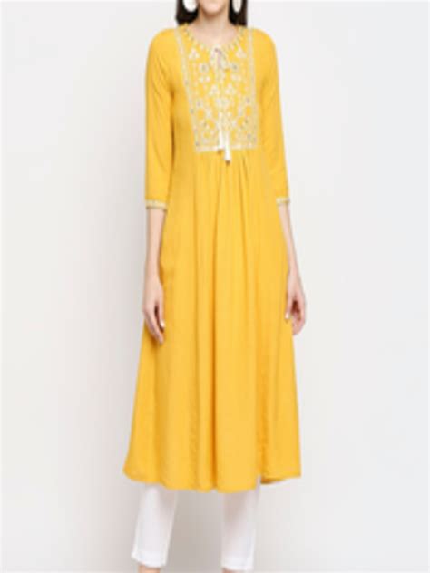 Buy Ethnicity Women Mustard Yellow Yoke Design Embroidered Thread Work Kurta Kurtas For Women